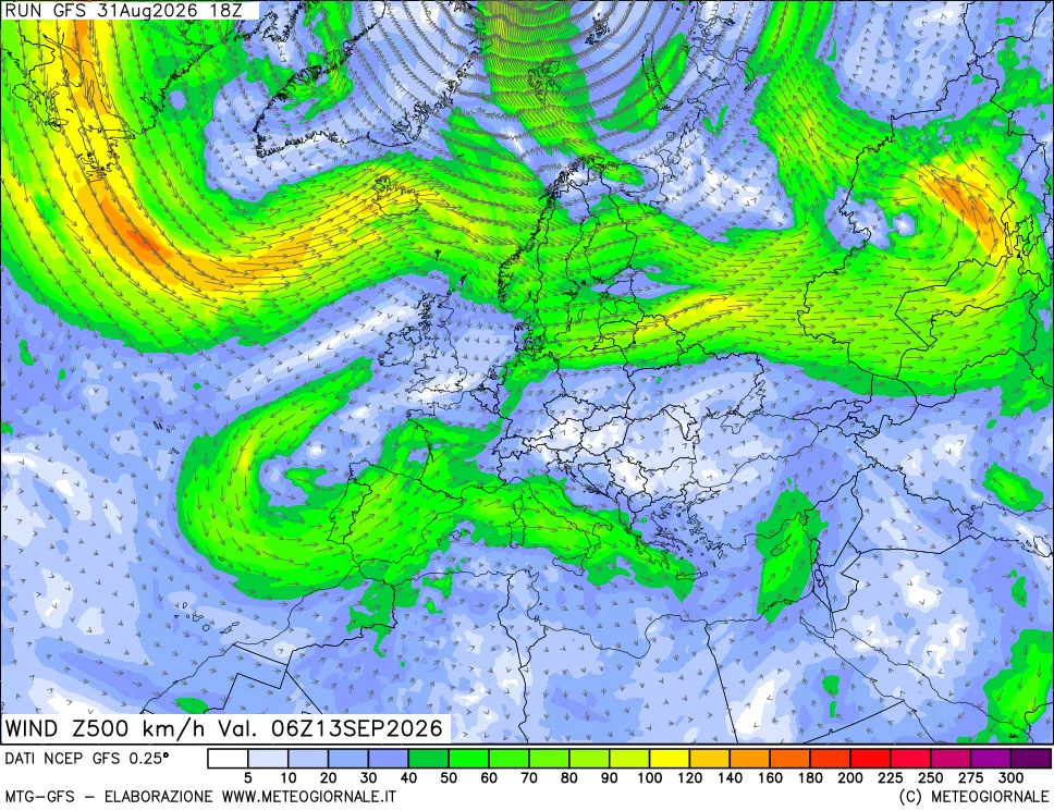 mappa 500 hPa Vento forza e direzione