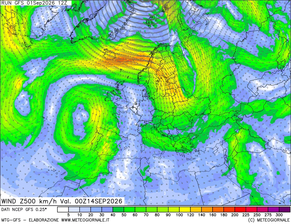 mappa 500 hPa Vento forza e direzione