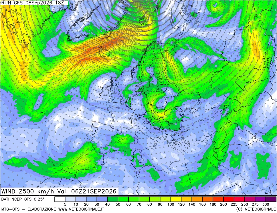 mappa 500 hPa Vento forza e direzione
