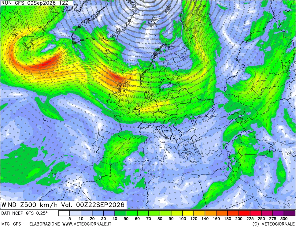 mappa 500 hPa Vento forza e direzione