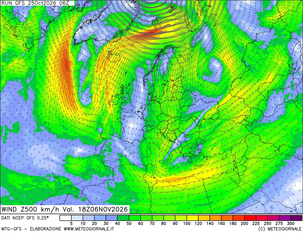 mappa 500 hPa Vento forza e direzione