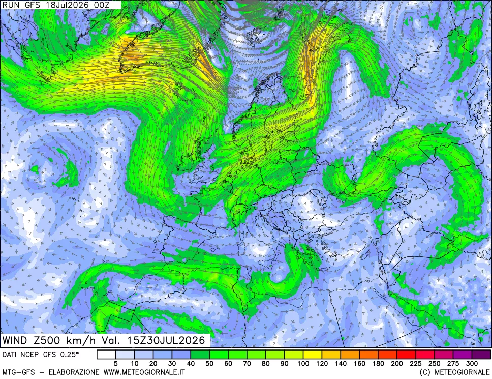 mappa 500 hPa Vento forza e direzione