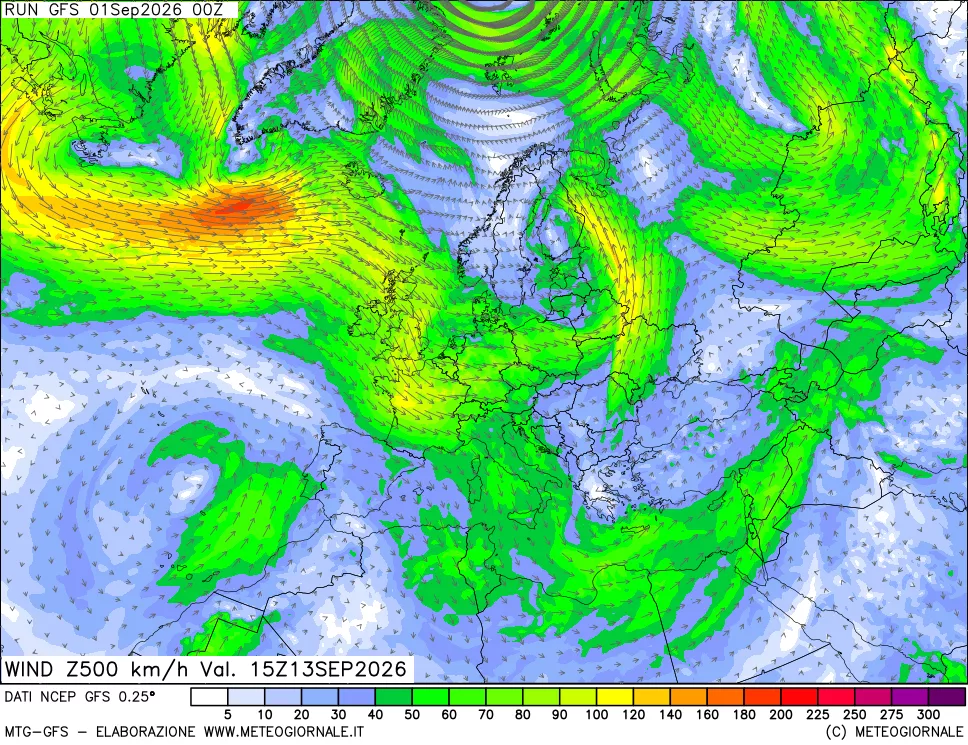 mappa 500 hPa Vento forza e direzione