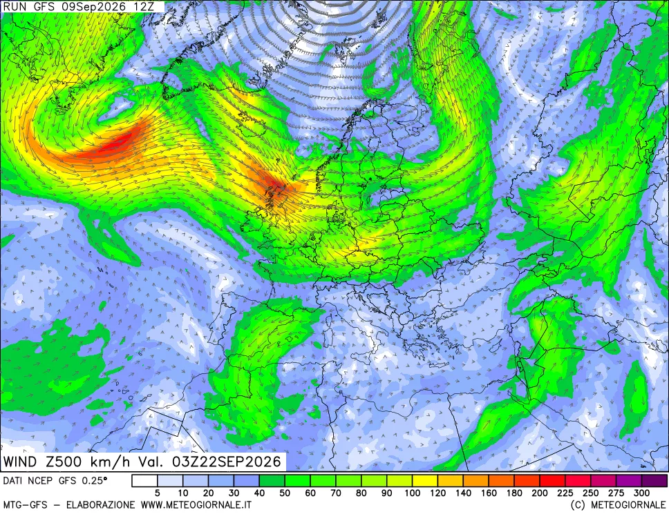 mappa 500 hPa Vento forza e direzione