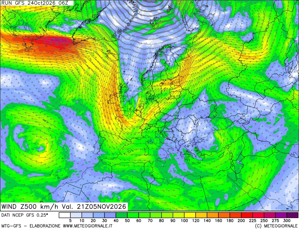 mappa 500 hPa Vento forza e direzione