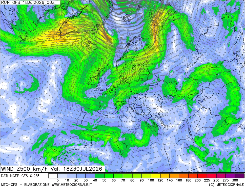 mappa 500 hPa Vento forza e direzione