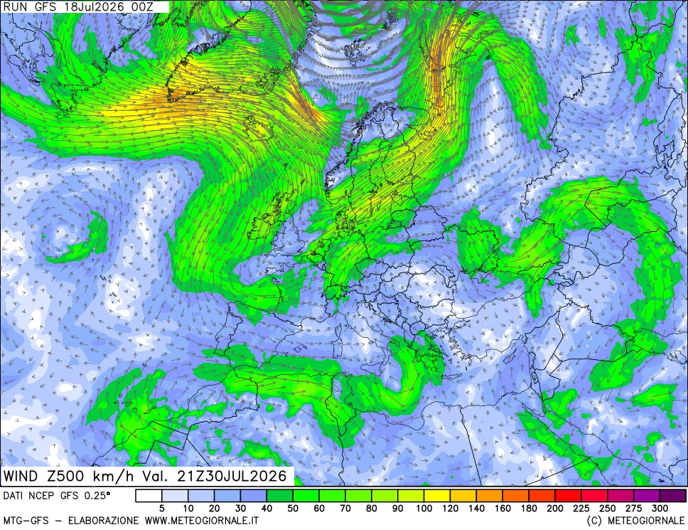 mappa 500 hPa Vento forza e direzione