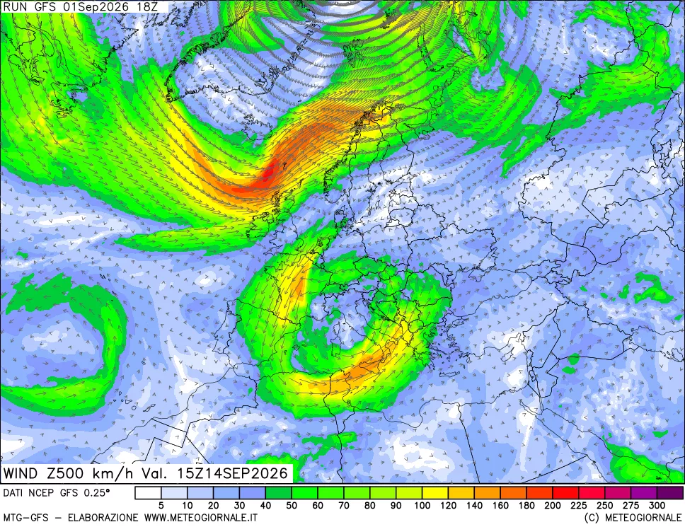 mappa 500 hPa Vento forza e direzione