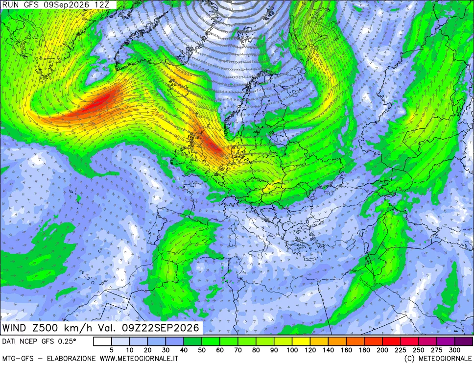 mappa 500 hPa Vento forza e direzione