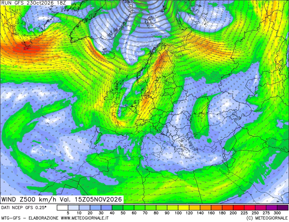 mappa 500 hPa Vento forza e direzione