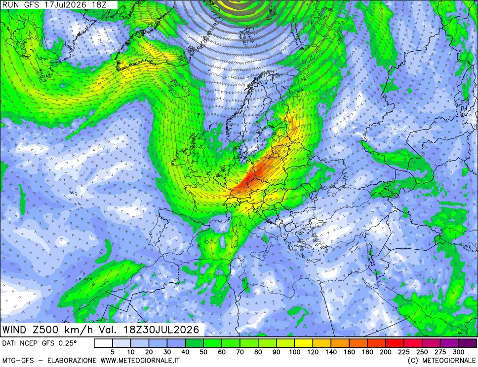mappa 500 hPa Vento forza e direzione