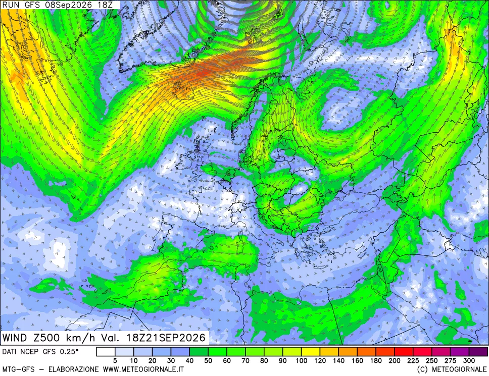 mappa 500 hPa Vento forza e direzione