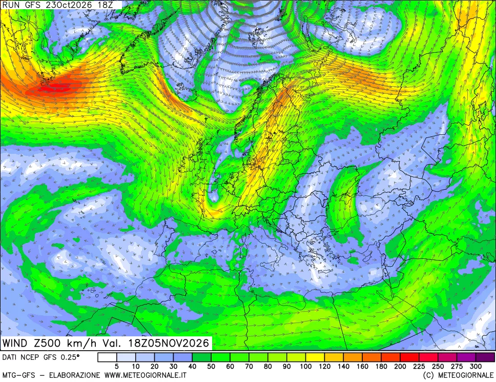mappa 500 hPa Vento forza e direzione