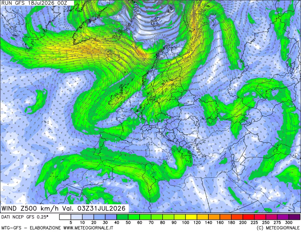 mappa 500 hPa Vento forza e direzione