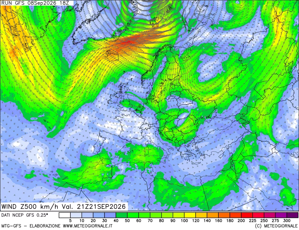 mappa 500 hPa Vento forza e direzione
