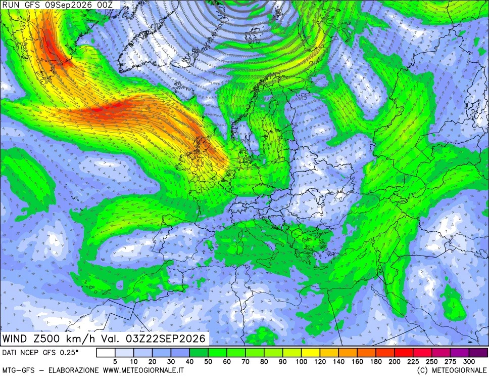 mappa 500 hPa Vento forza e direzione