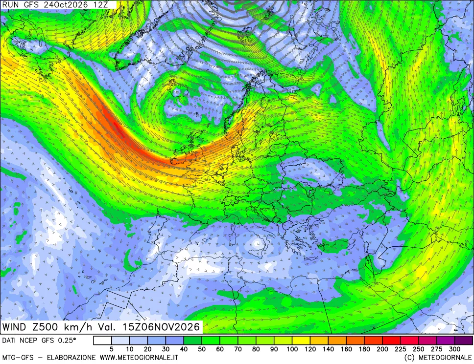 mappa 500 hPa Vento forza e direzione