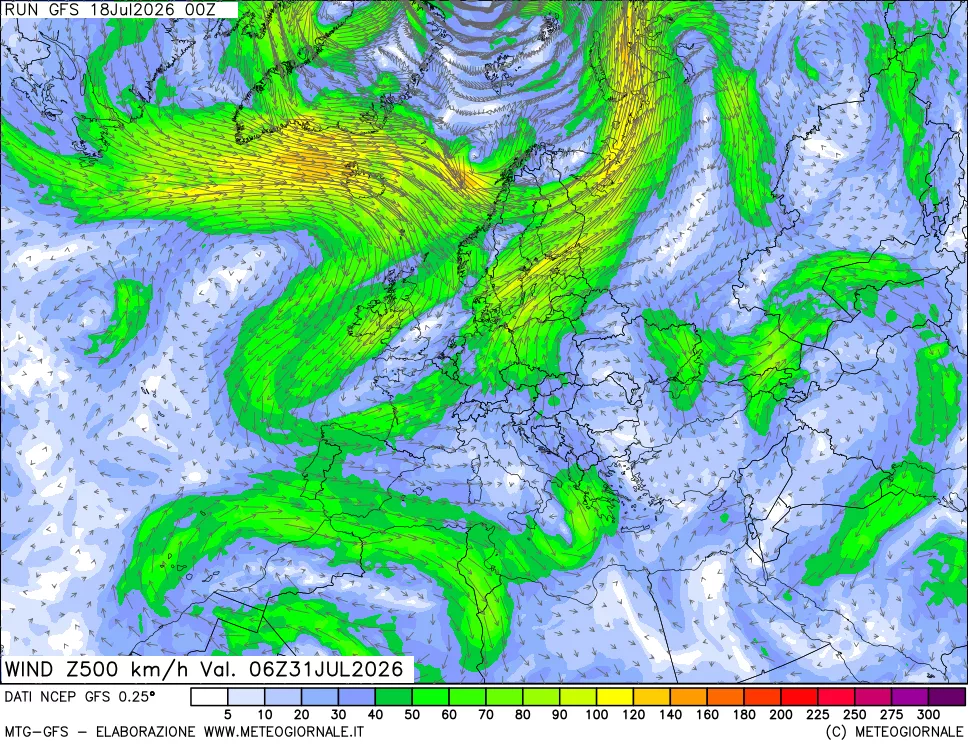 mappa 500 hPa Vento forza e direzione