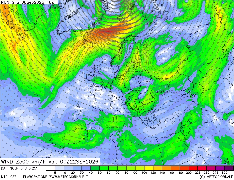 mappa 500 hPa Vento forza e direzione