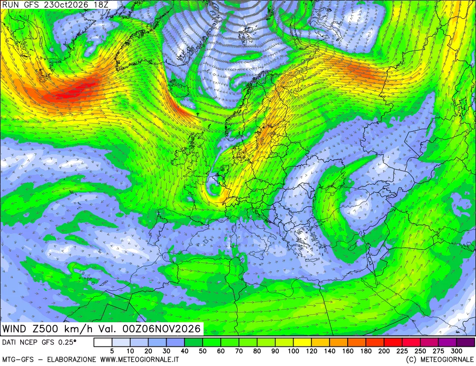 mappa 500 hPa Vento forza e direzione