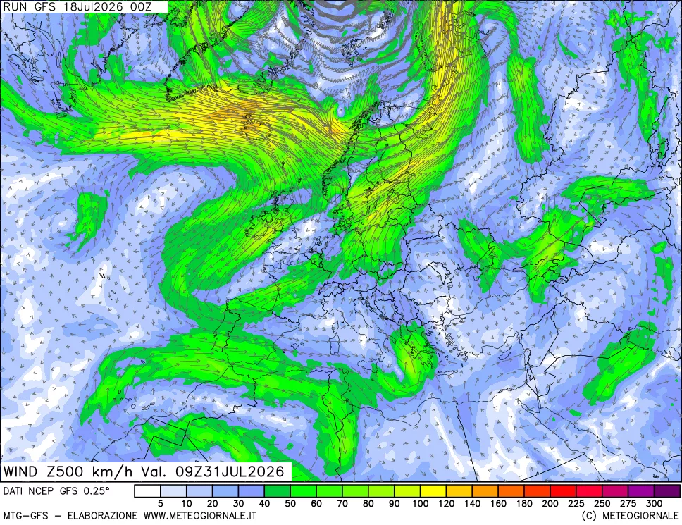 mappa 500 hPa Vento forza e direzione