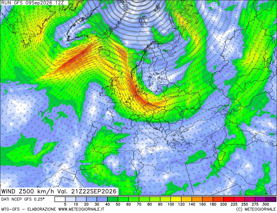 mappa 500 hPa Vento forza e direzione
