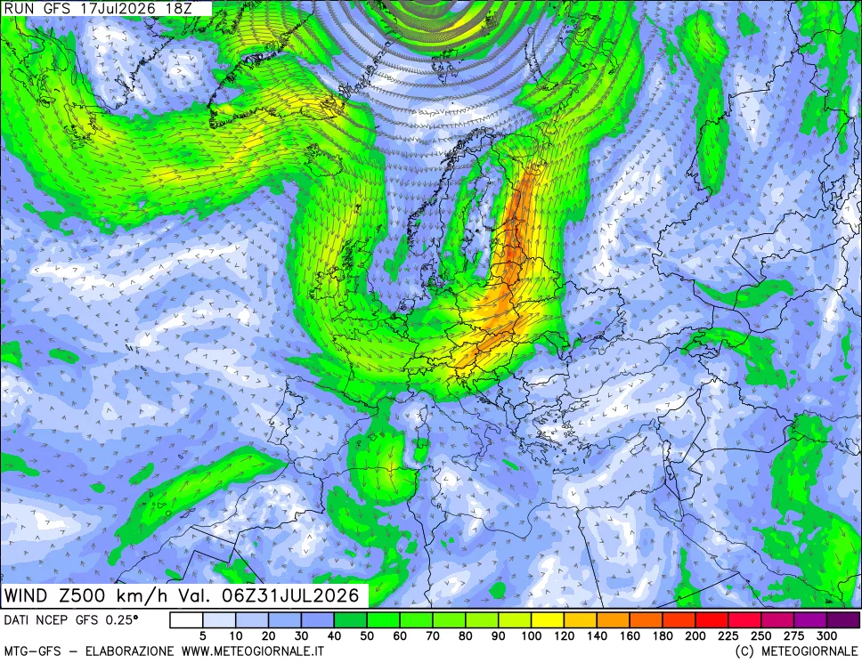 mappa 500 hPa Vento forza e direzione