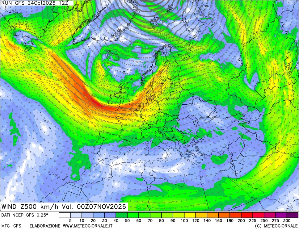 mappa 500 hPa Vento forza e direzione