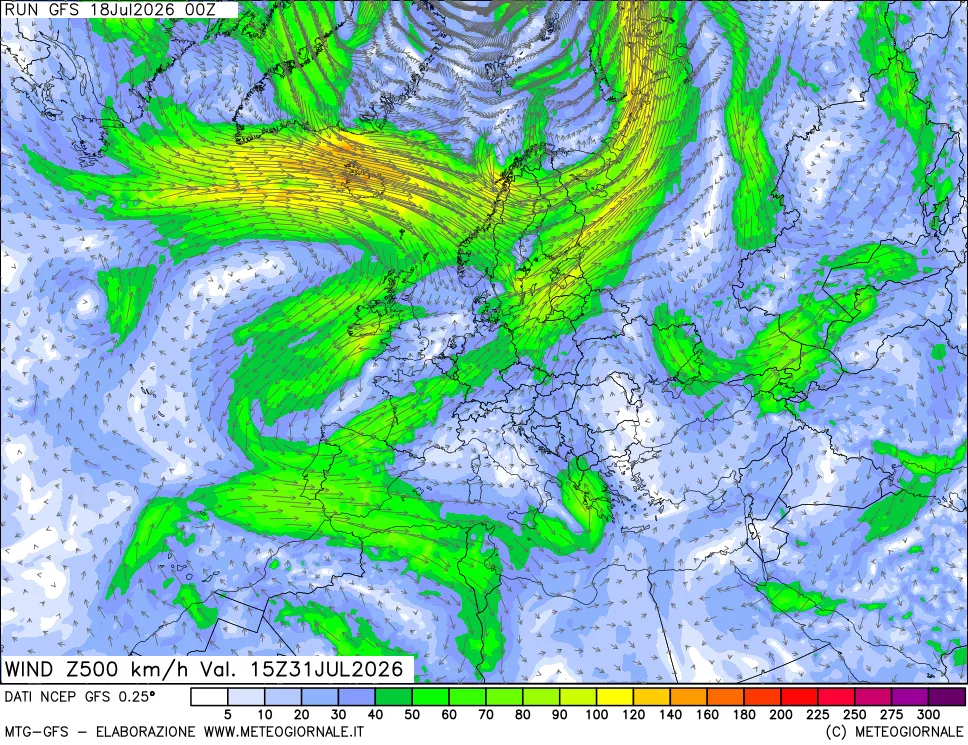 mappa 500 hPa Vento forza e direzione