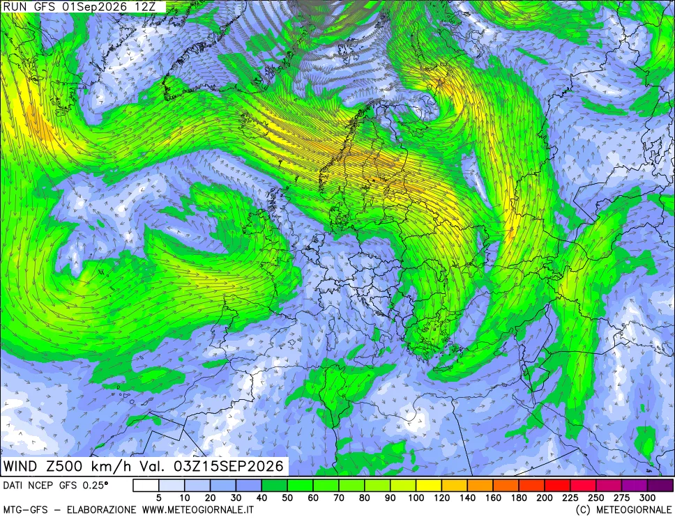 mappa 500 hPa Vento forza e direzione