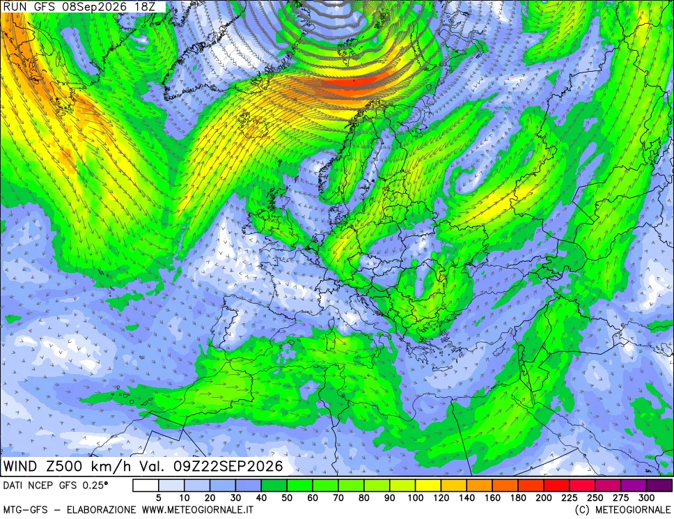 mappa 500 hPa Vento forza e direzione