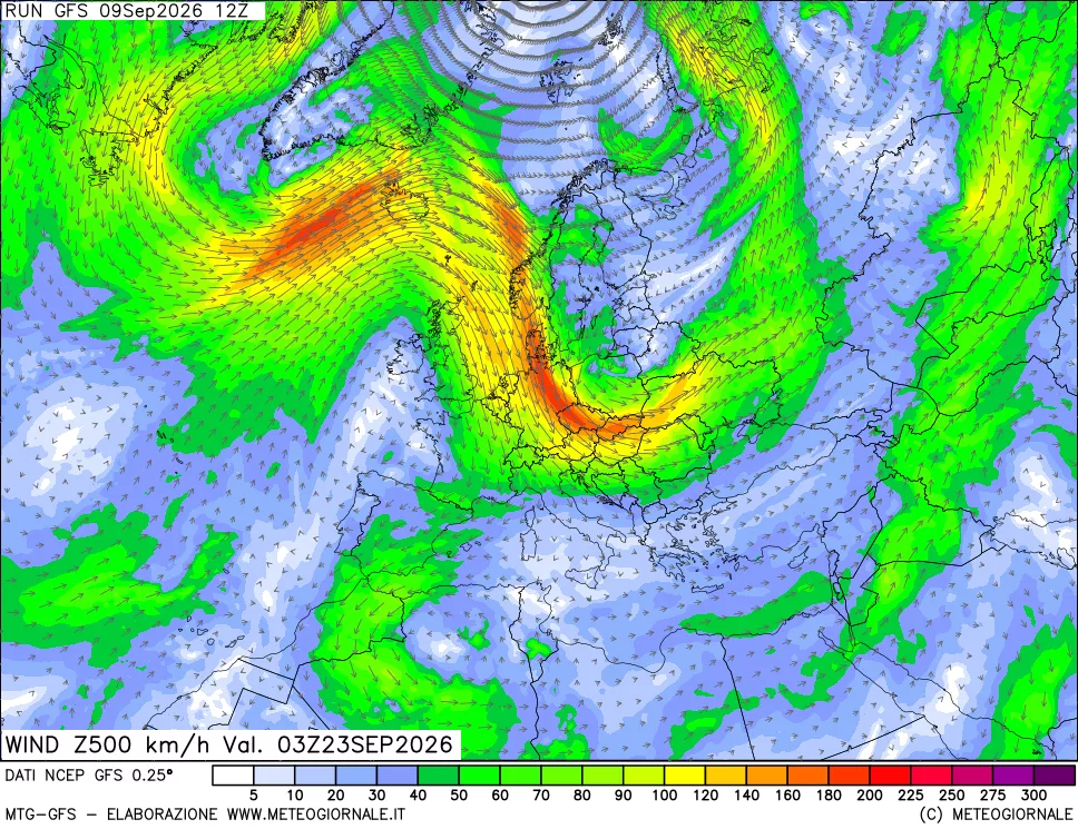 mappa 500 hPa Vento forza e direzione