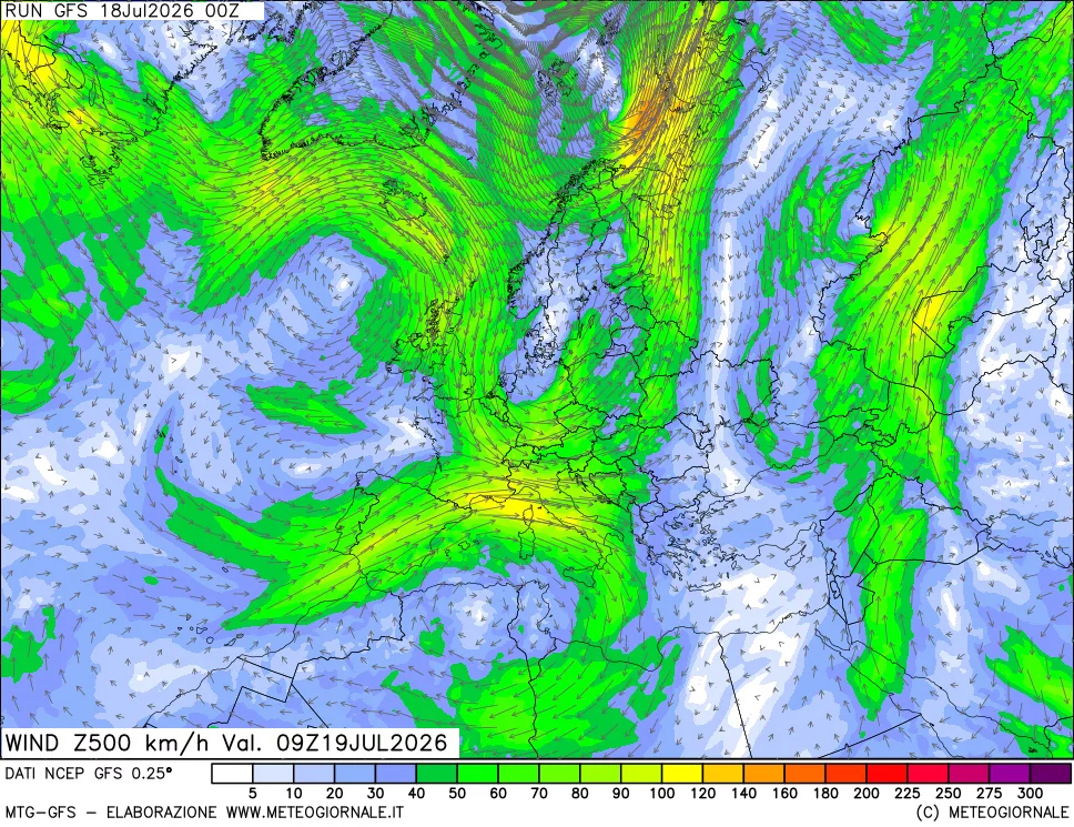 mappa 500 hPa Vento forza e direzione