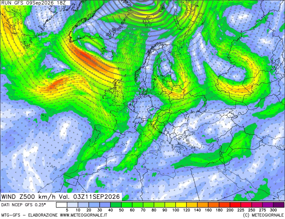 mappa 500 hPa Vento forza e direzione