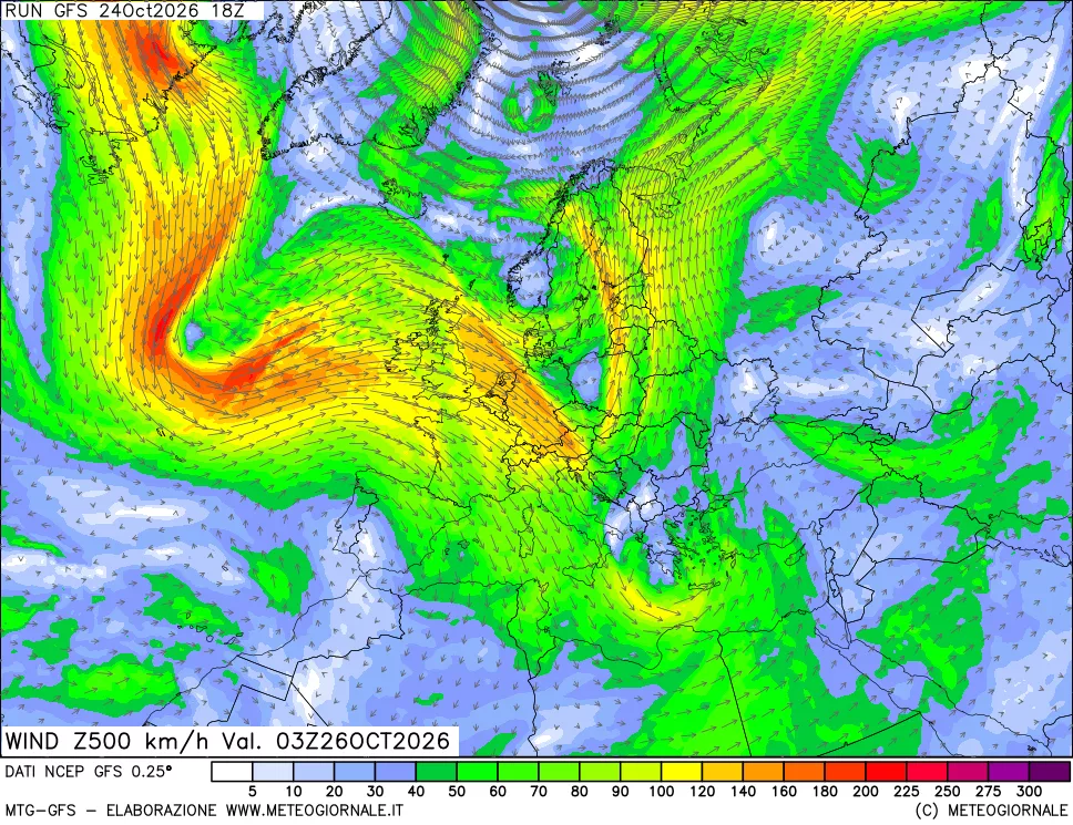 mappa 500 hPa Vento forza e direzione