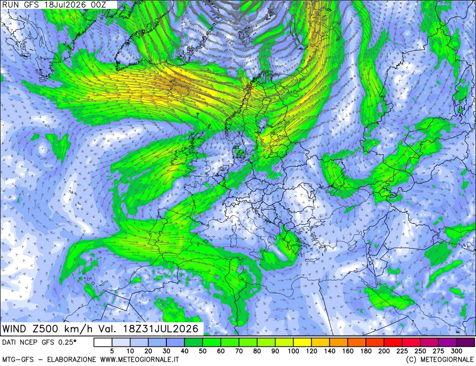 mappa 500 hPa Vento forza e direzione