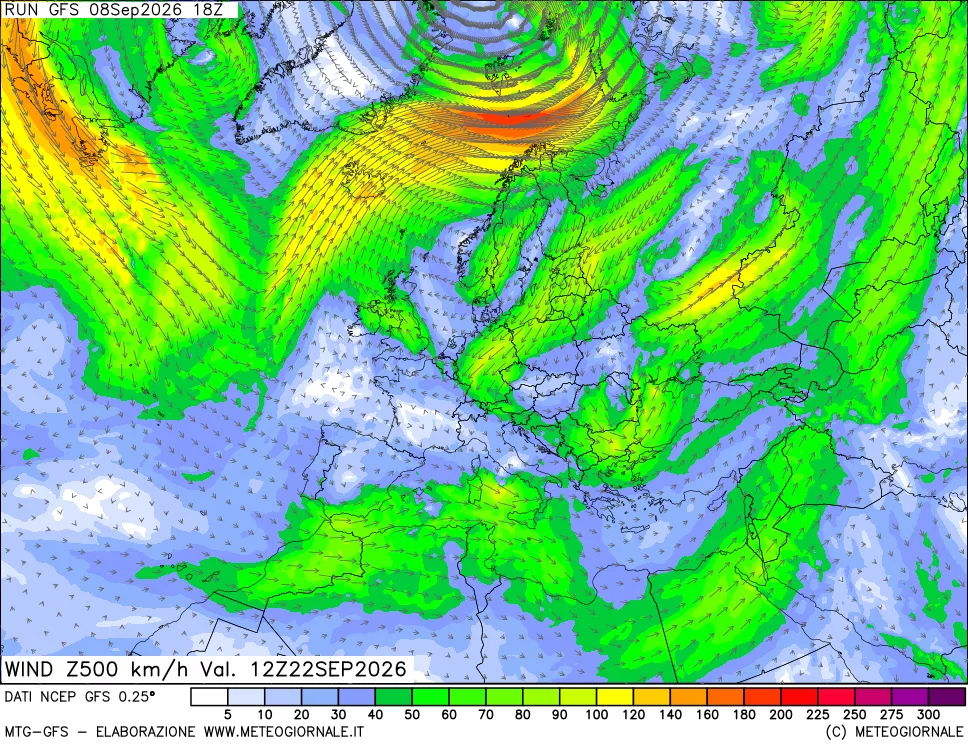 mappa 500 hPa Vento forza e direzione