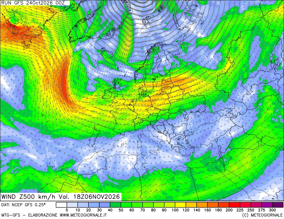 mappa 500 hPa Vento forza e direzione