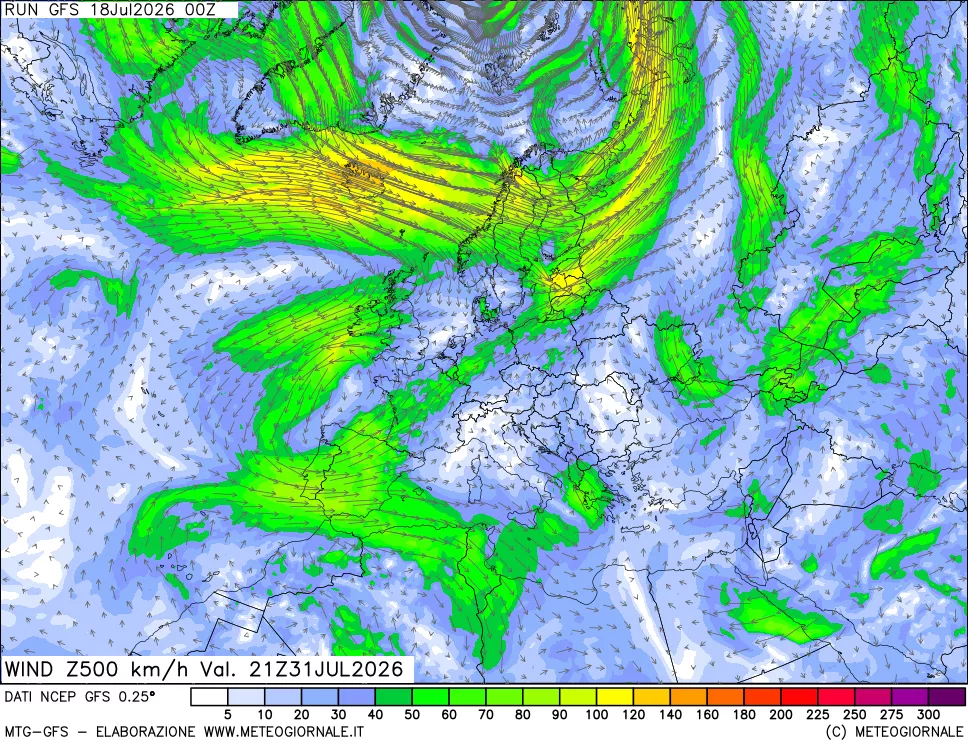 mappa 500 hPa Vento forza e direzione