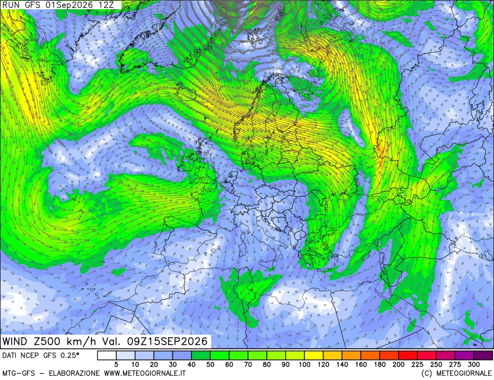 mappa 500 hPa Vento forza e direzione