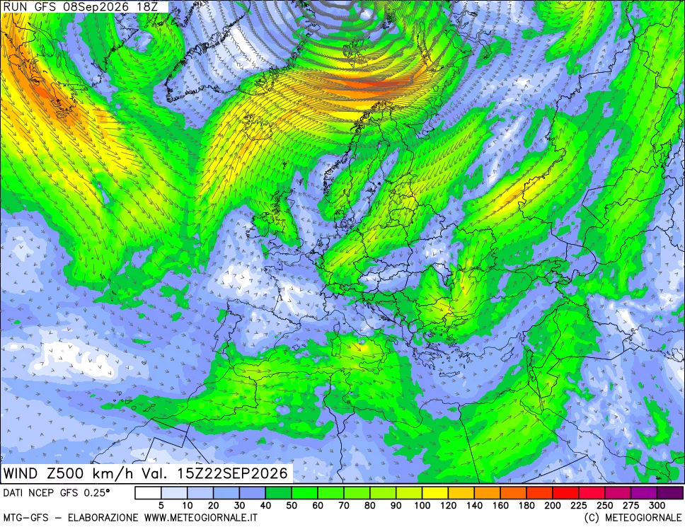 mappa 500 hPa Vento forza e direzione