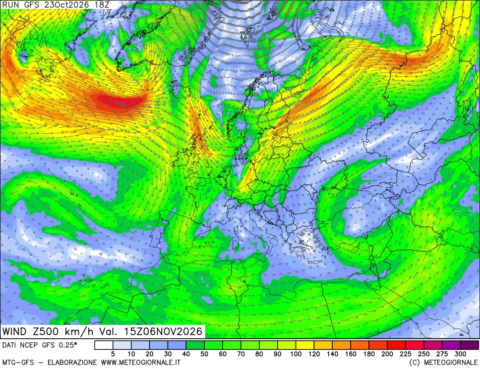 mappa 500 hPa Vento forza e direzione