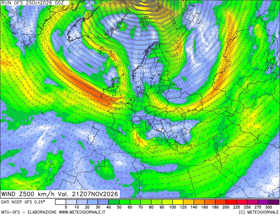 mappa 500 hPa Vento forza e direzione