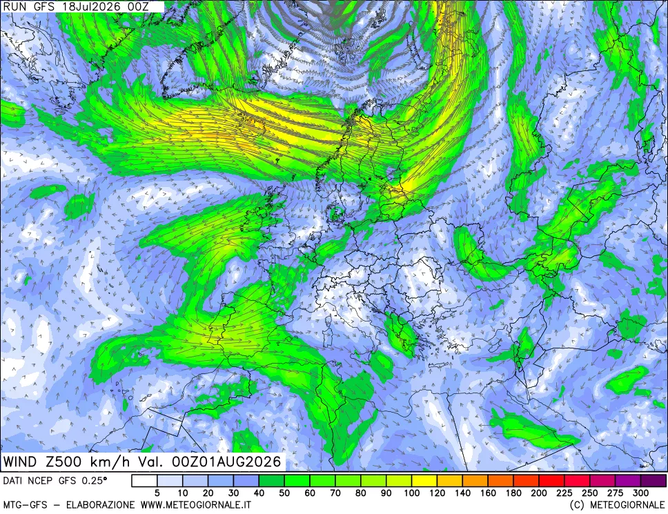mappa 500 hPa Vento forza e direzione