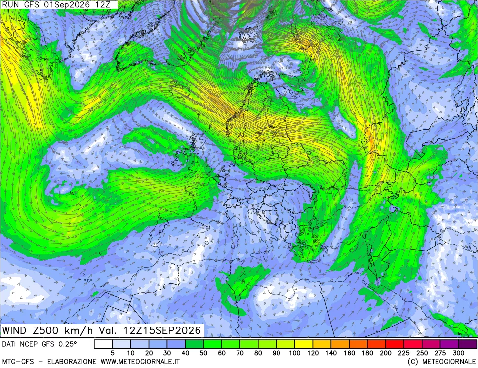 mappa 500 hPa Vento forza e direzione