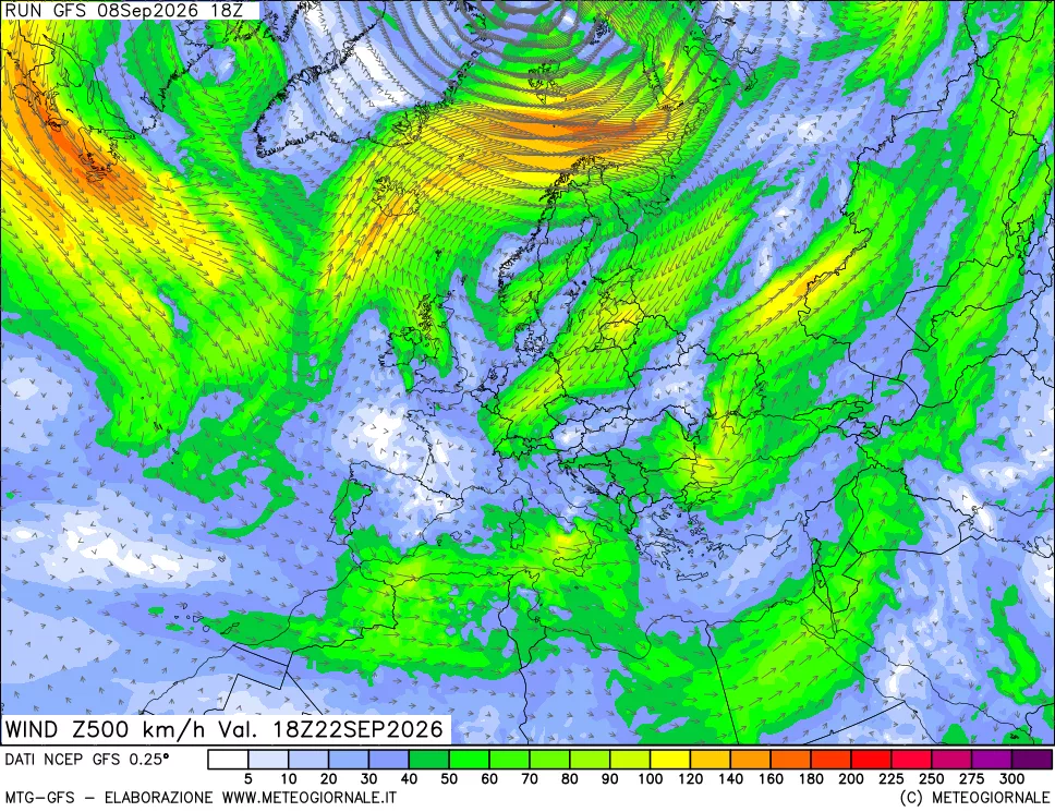 mappa 500 hPa Vento forza e direzione