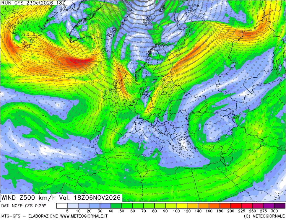 mappa 500 hPa Vento forza e direzione