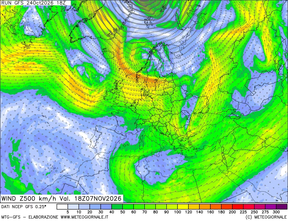 mappa 500 hPa Vento forza e direzione