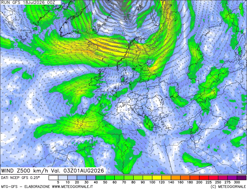 mappa 500 hPa Vento forza e direzione