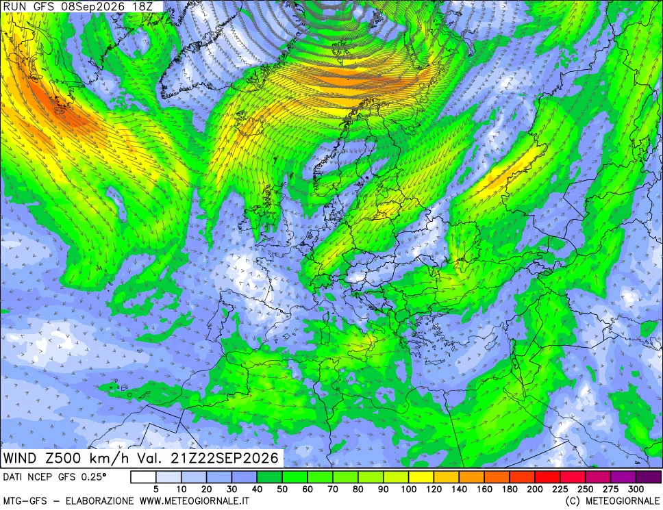 mappa 500 hPa Vento forza e direzione